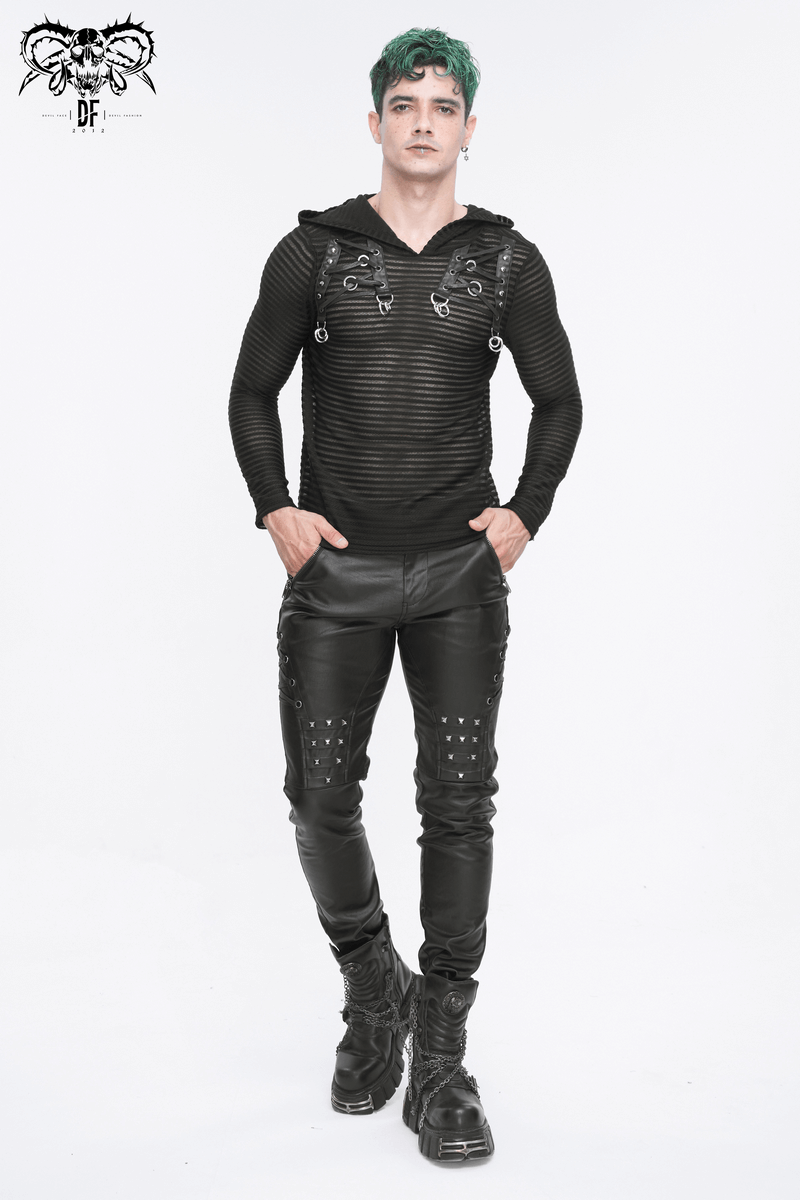 Men's Gothic striped hoodie with lace-up detail and cowl neck, featuring bold black and grey stripes.