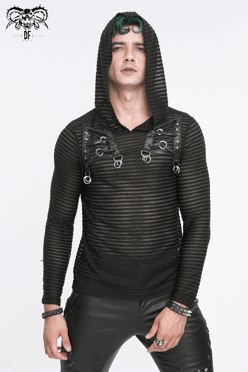 Gothic striped hoodie with lace-up details and cowl neck, worn by a model exuding dark elegance.