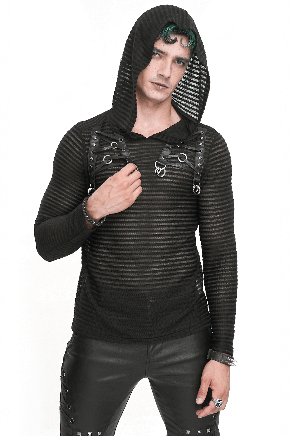 Men's Gothic Striped Hoodie with lace-up details and cowl neck, showcasing a dark, edgy fashion statement.