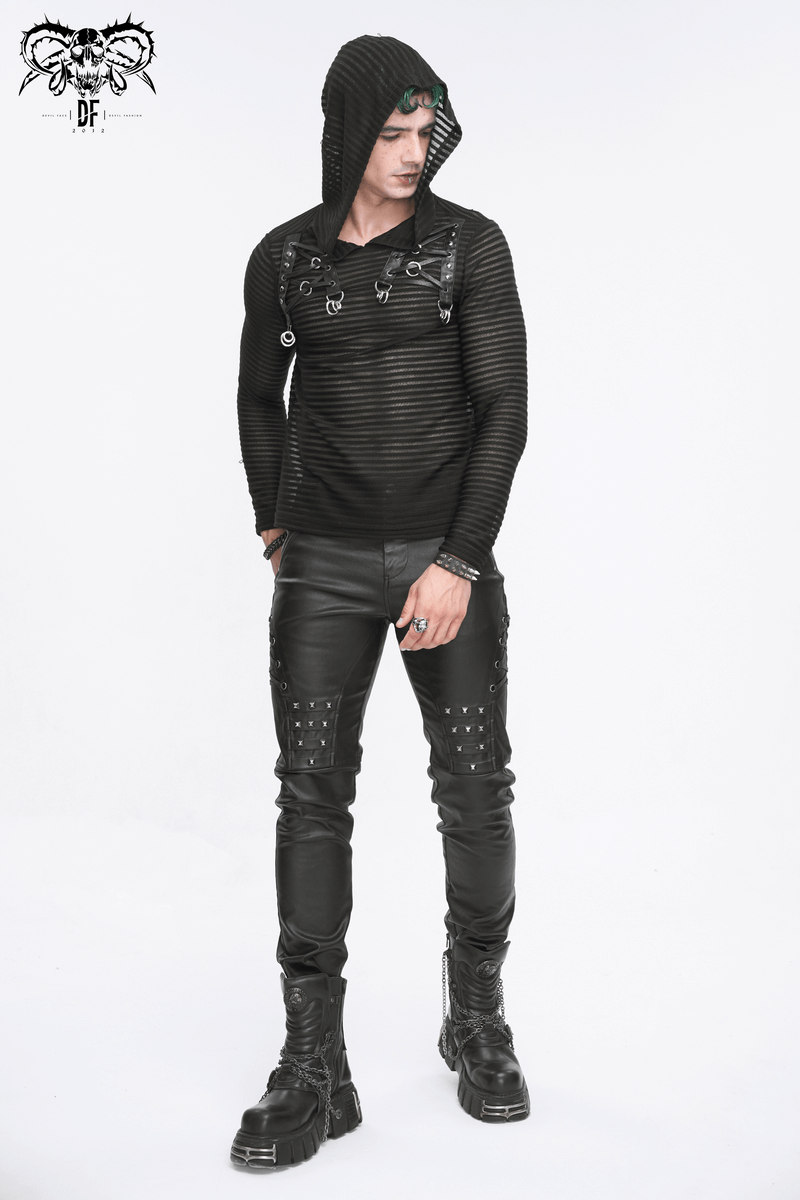 Men's Gothic striped hoodie with lace-up details and cowl neck, paired with stylish black leather pants.