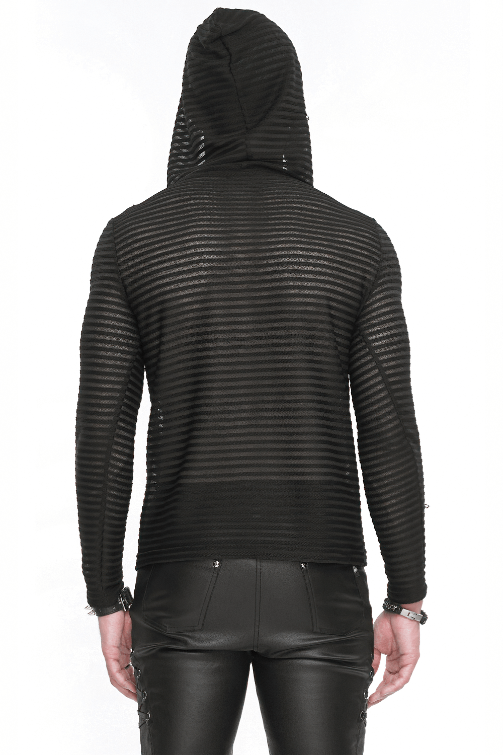 Back view of men's gothic striped hoodie with lace-up detail and cowl neck, showcasing black and grey stripes.