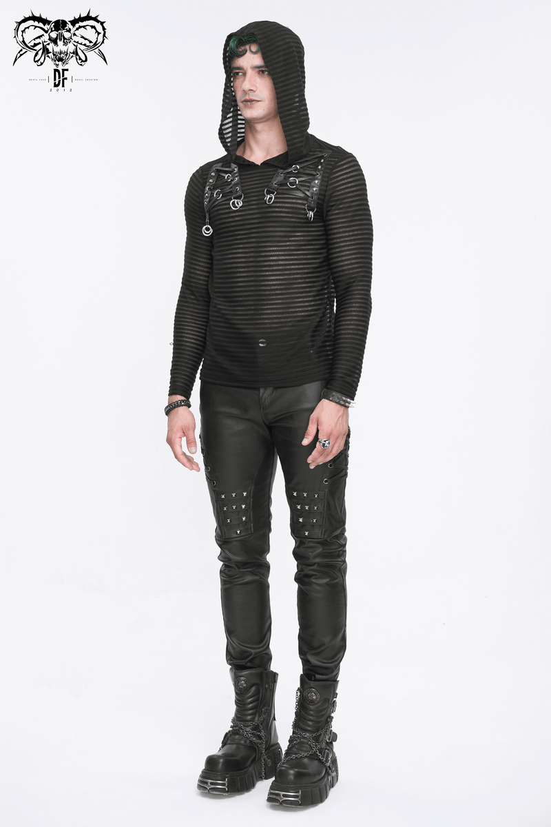 Mystic Shadow Gothic striped hoodie with lace-up detail, cowl neck, and black leather pants on model.