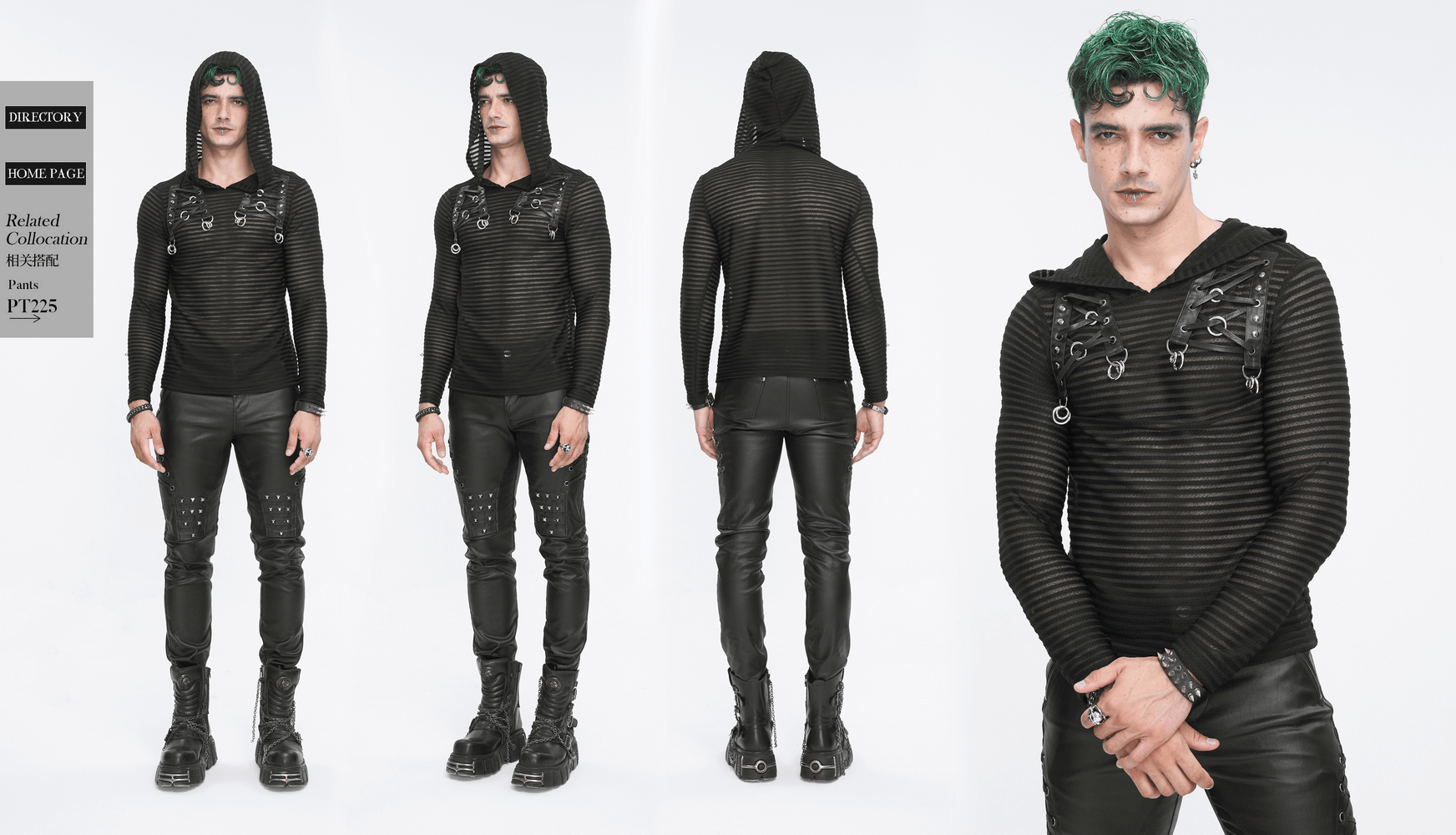 Men's gothic striped hoodie with lace-up detail and cowl neck, showcasing a modern, shadowy style.