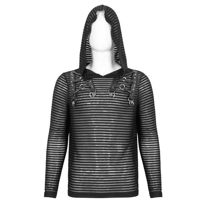 Gothic Striped Hoodie with Lace-up Detail and Cowl Neck - HARD'N'HEAVY