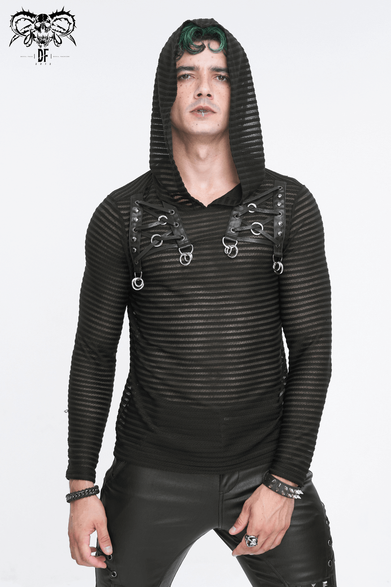Gothic Striped Hoodie with Lace-up Detail and Cowl Neck - HARD'N'HEAVY