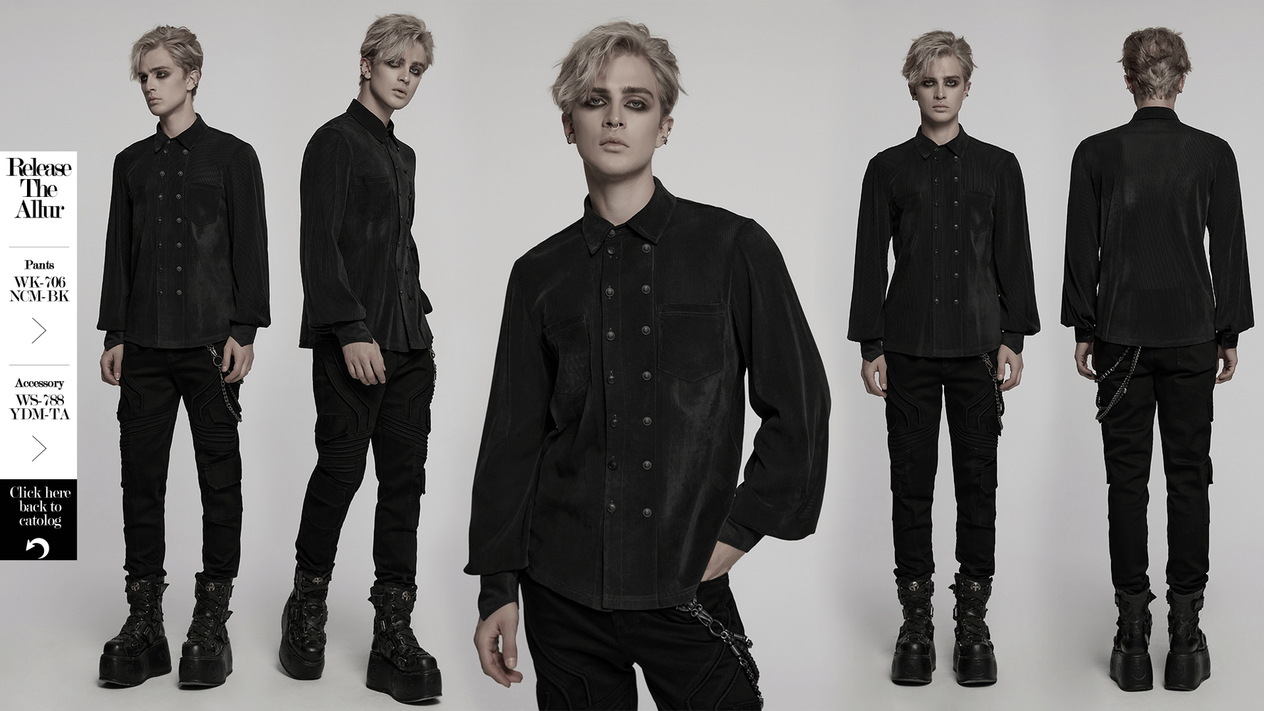 Gothic striped mesh buttoned shirt displayed on a model, perfect for alternative fashion lovers.