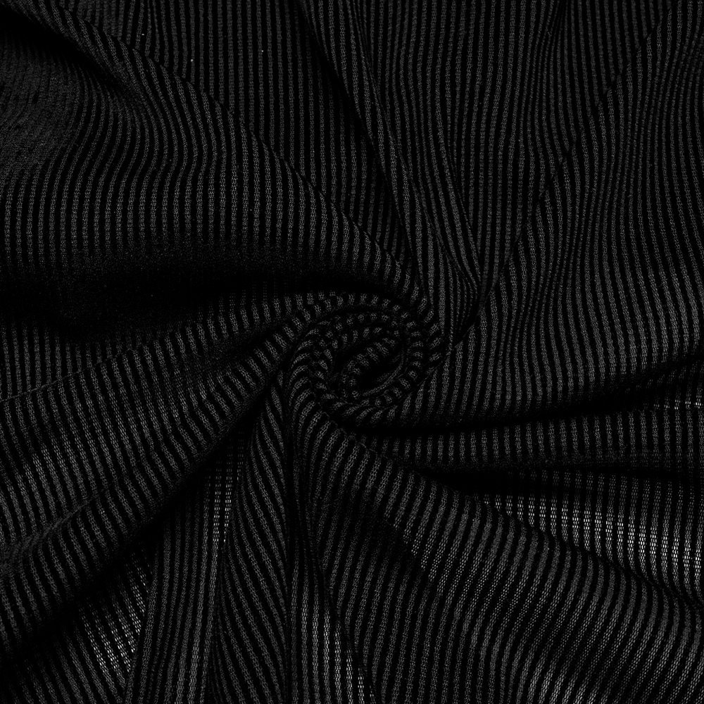 Close-up of black elastic striped fabric, showcasing a chic goth aesthetic perfect for alternative fashion.
