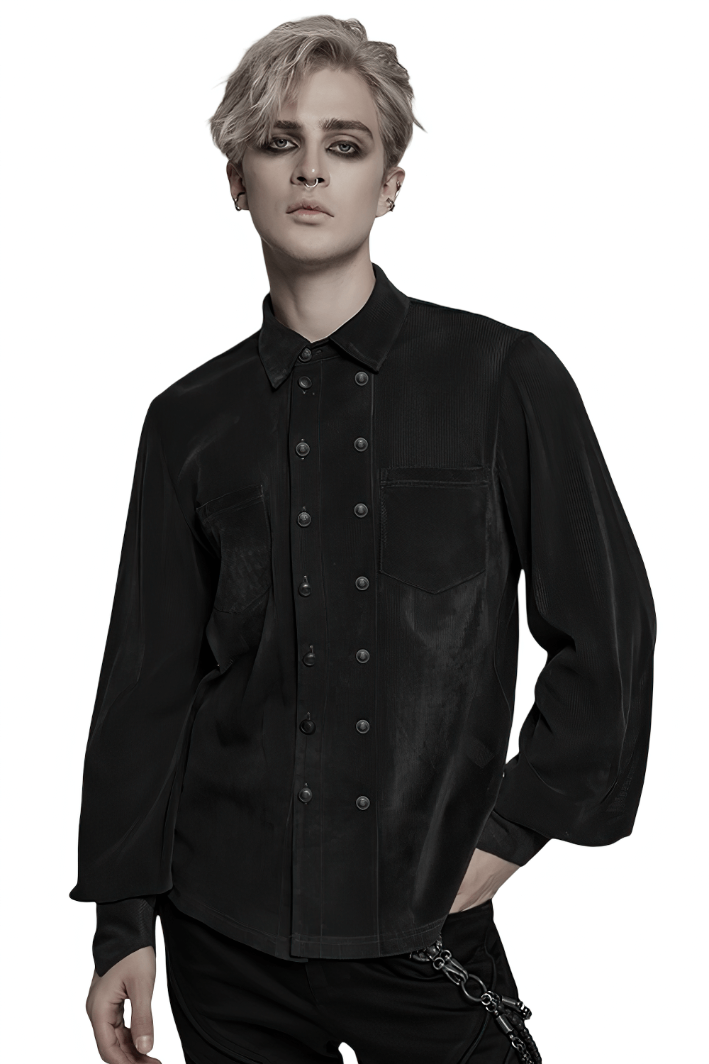 Gothic striped mesh buttoned shirt with double-breasted buttons and pointed cuffs, ideal for alternative fashion.