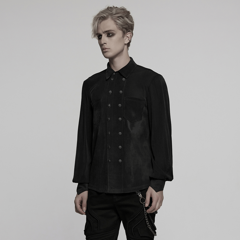 Gothic striped mesh shirt with buttoned design and pointed cuffs for alternative fashion enthusiasts.