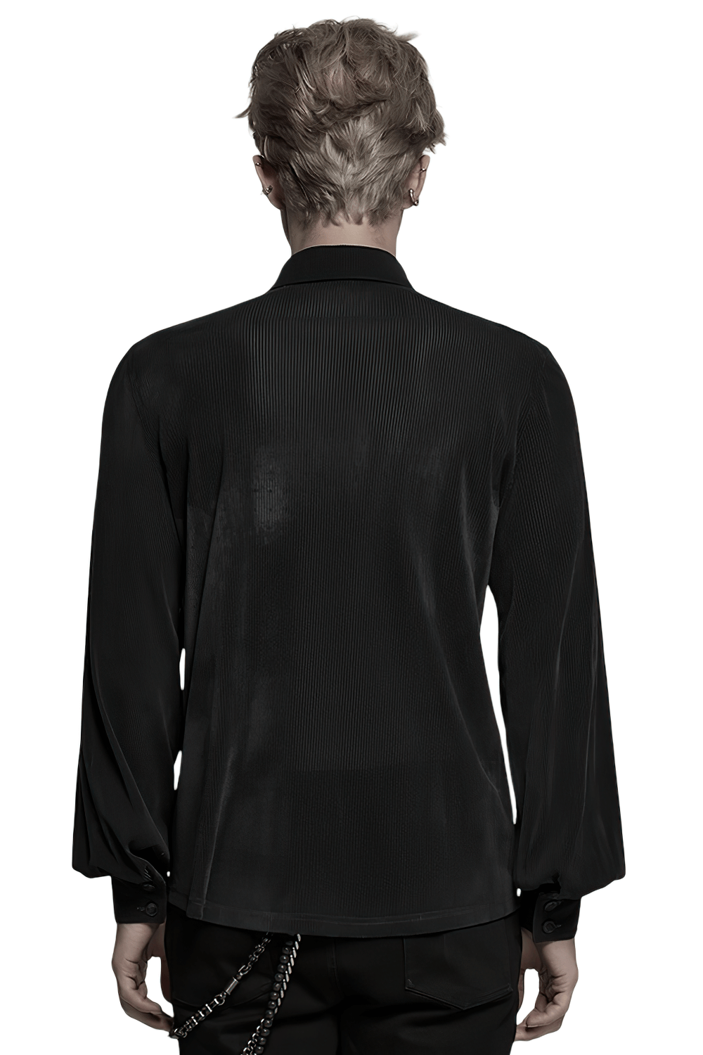 Back view of a gothic striped mesh buttoned shirt in black for alternative fashion enthusiasts.