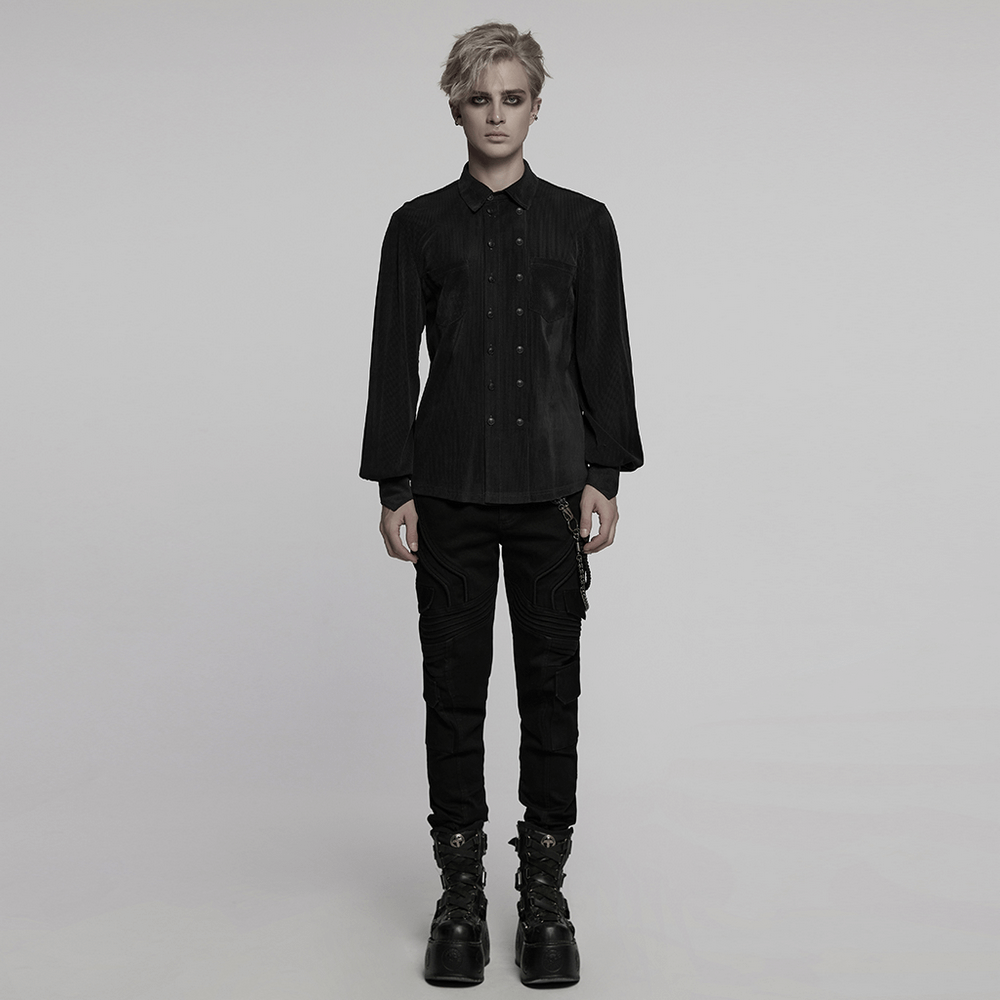 Gothic striped mesh buttoned shirt model showcasing edgy alternative fashion style.