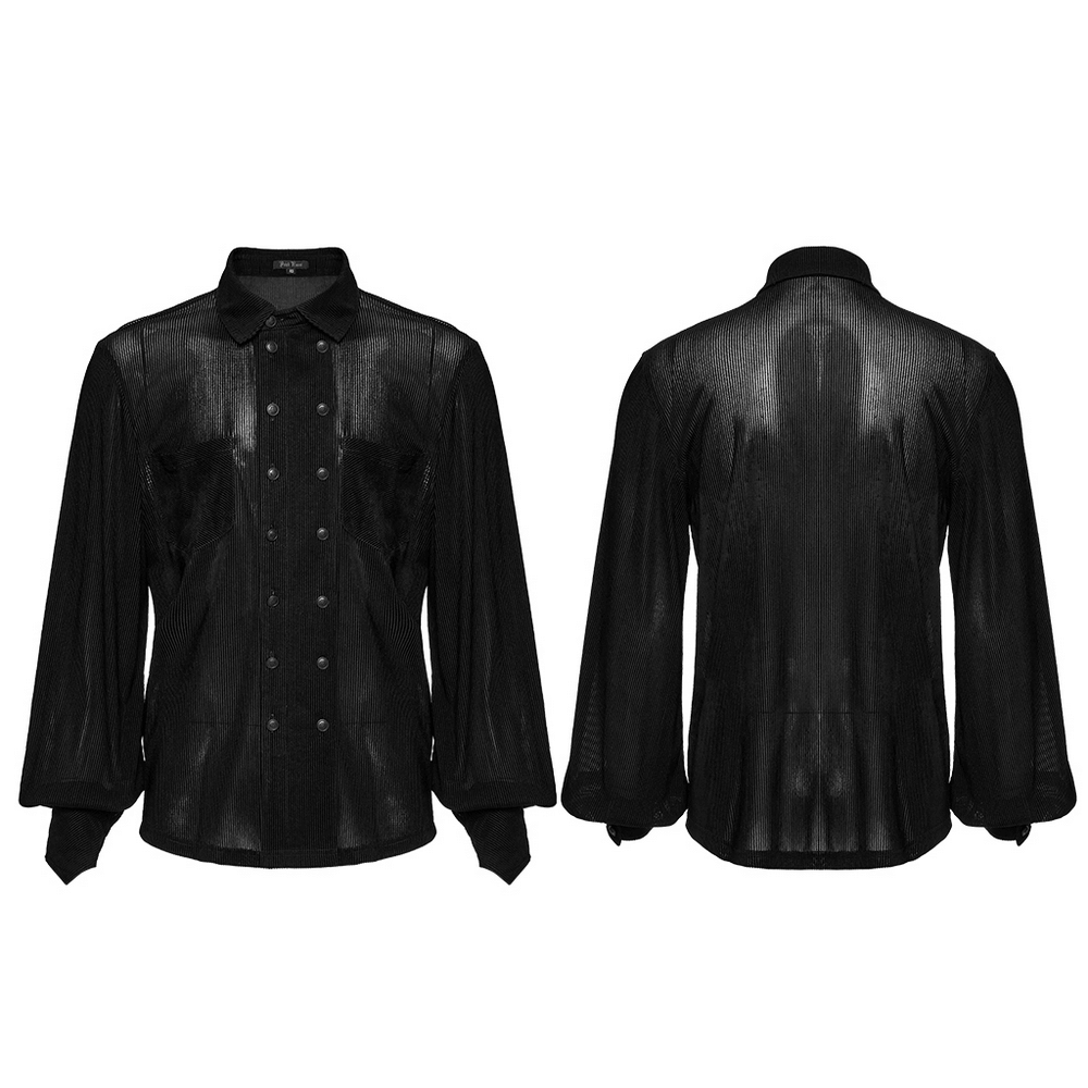 Gothic striped mesh buttoned shirt featuring double-breasted buttons and pointed cuffs for alternative fashion.