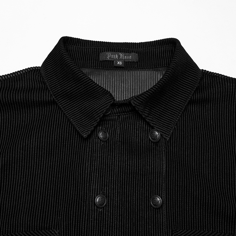Close-up of a Gothic striped shirt collar with double-breasted buttons for alternative fashion lovers.