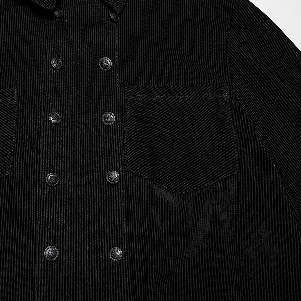 Gothic striped shirt featuring double-breasted buttons and textured black fabric, perfect for alternative fashion enthusiasts.