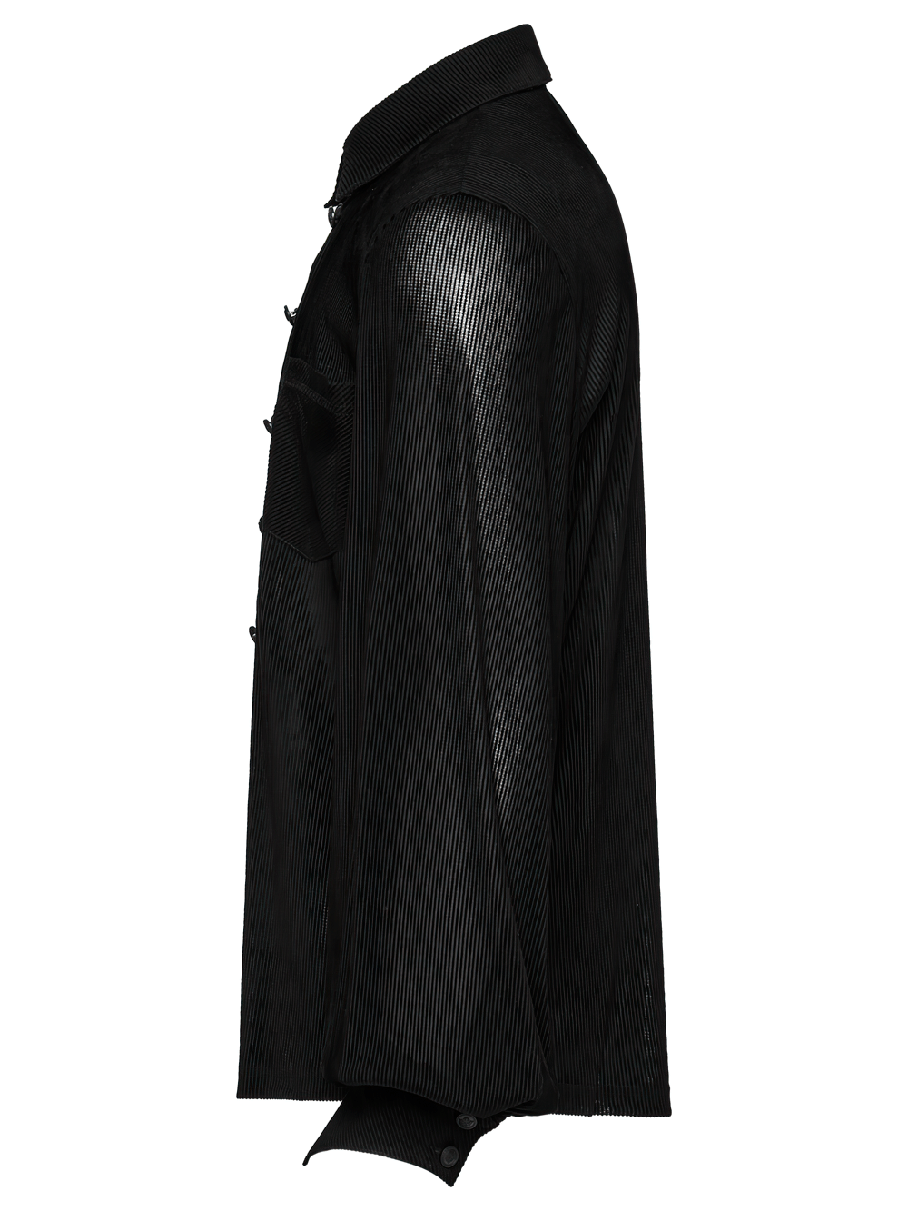 Gothic striped mesh buttoned shirt showcasing elegant design and pointed cuffs, perfect for alternative fashion lovers.