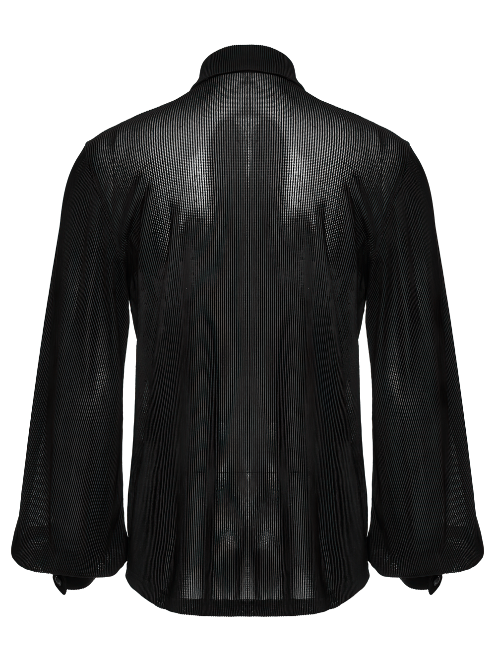 Back view of Gothic striped mesh shirt with double-breasted buttons, perfect for alternative fashion.