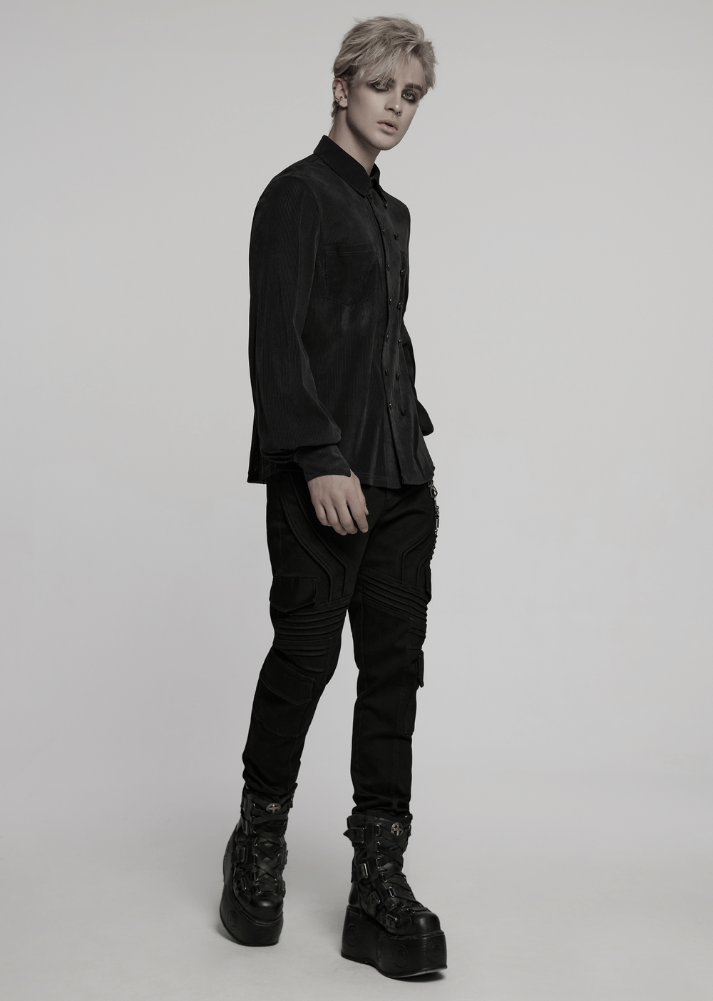 Model wearing a Gothic striped mesh buttoned shirt with dark elegance and unique style.