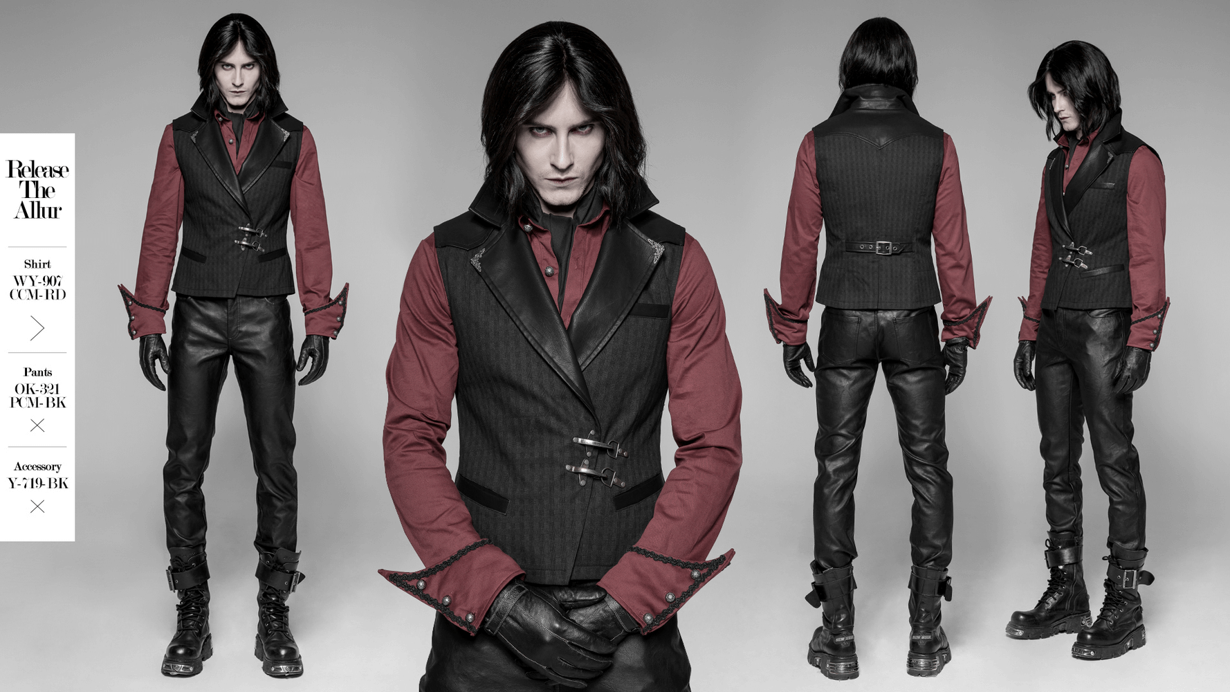 Gothic striped PU leather buckle waistcoat for men in avant-garde steampunk style with dark stripes and retro patterns.