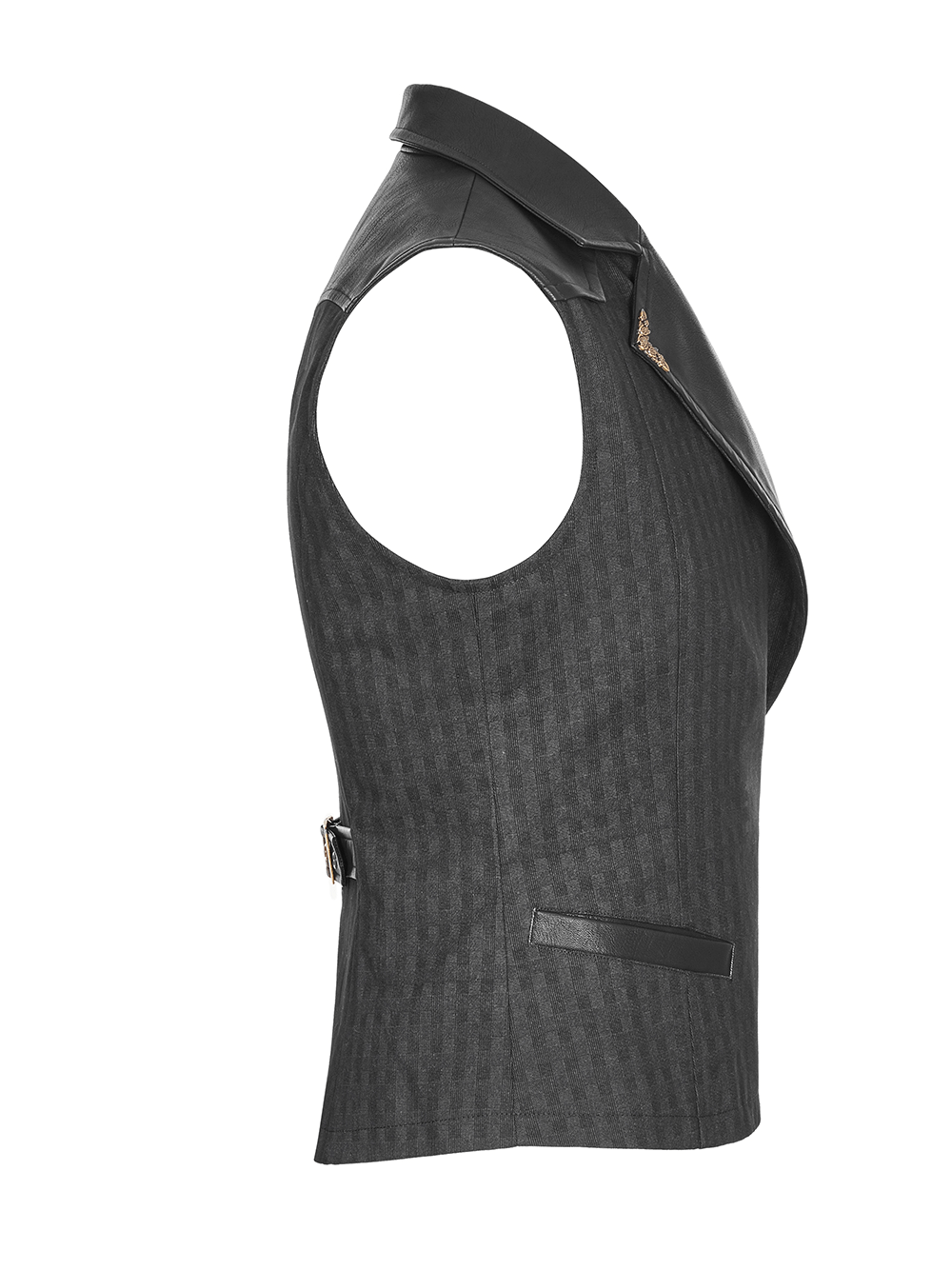 Gothic Striped PU Leather Buckle Waistcoat for Men, showcasing a stylish side view of elegant steampunk design.