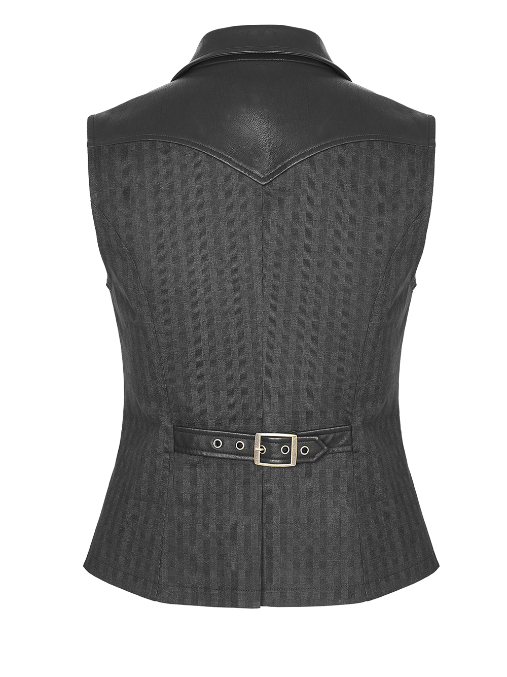 Back view of Gothic Striped PU Leather Buckle Waistcoat for men with a black leather collar and stylish buckle detail.