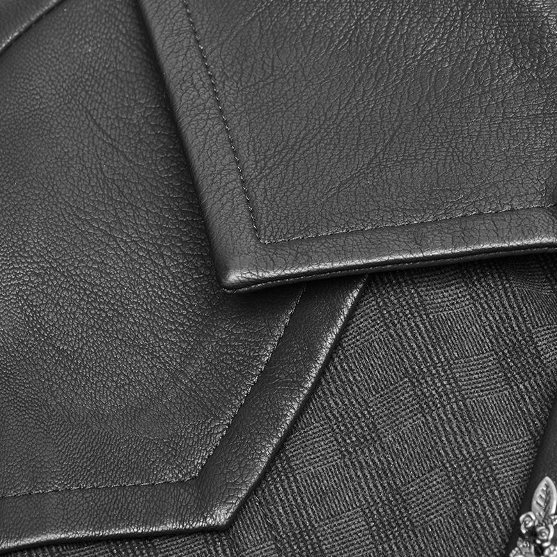 Close-up of Gothic Striped PU Leather Waistcoat details with textured fabric and elegant black leather.