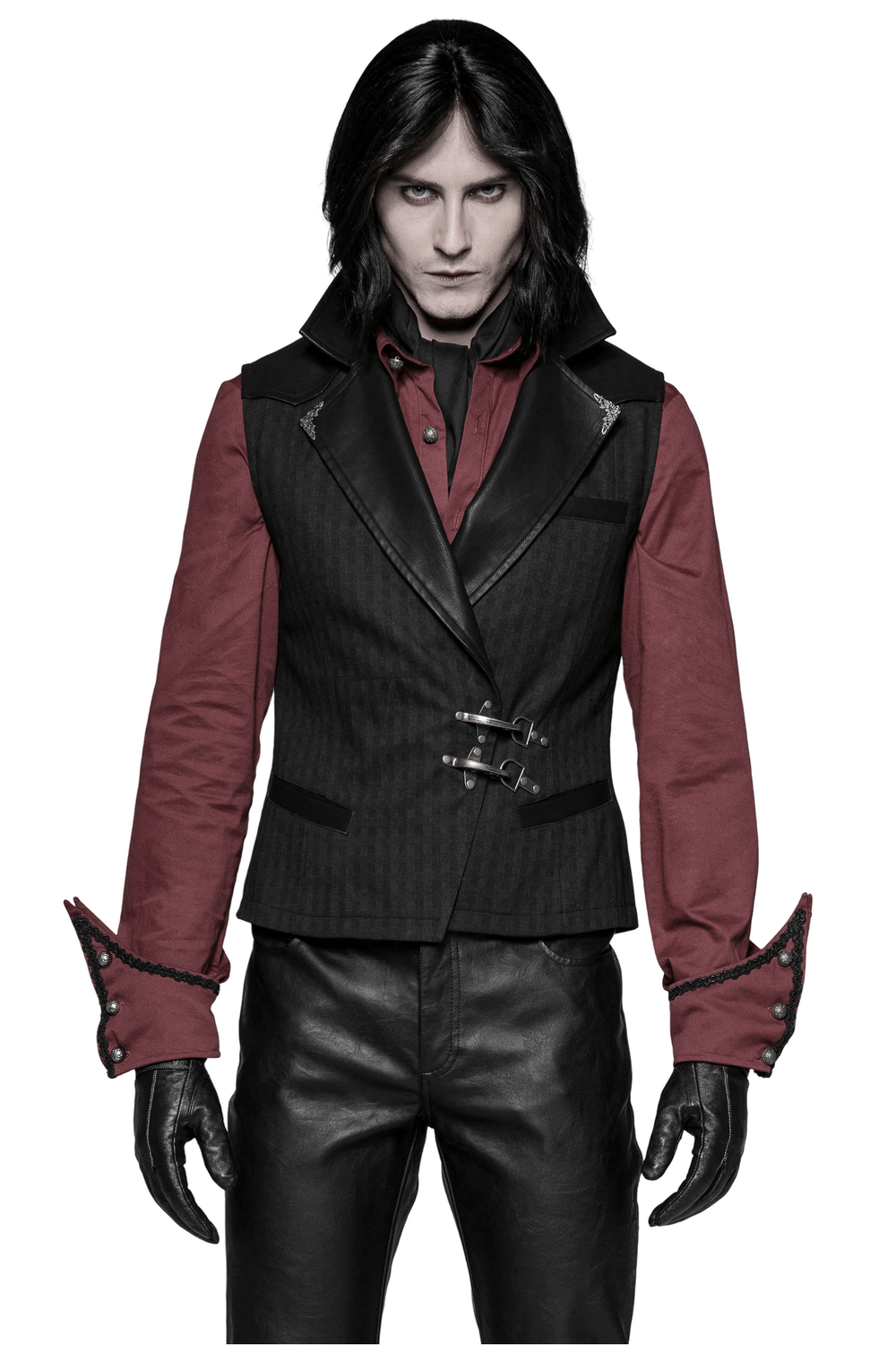 Gothic striped PU leather waistcoat for men with elegant design and retro quiff buttons, paired with stylish gloves.