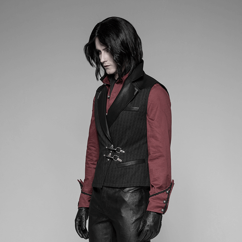Gothic striped PU leather waistcoat with a red shirt, exuding steampunk elegance and vintage charm.