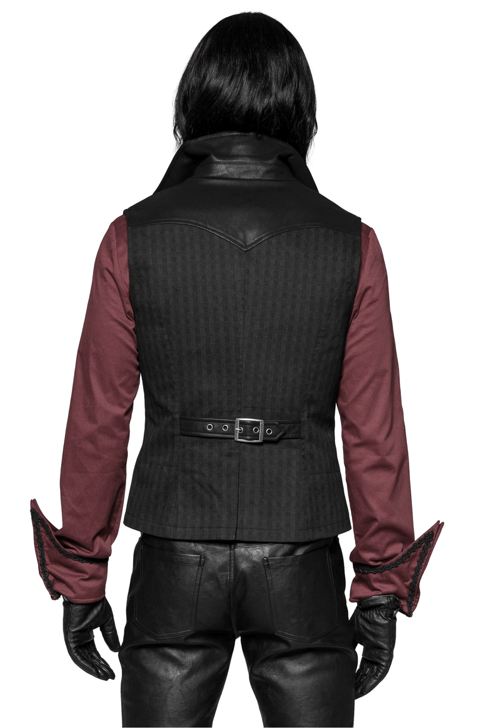 Back view of Gothic Striped PU Leather Buckle Waistcoat with retro patterns and dark stripe fabric.