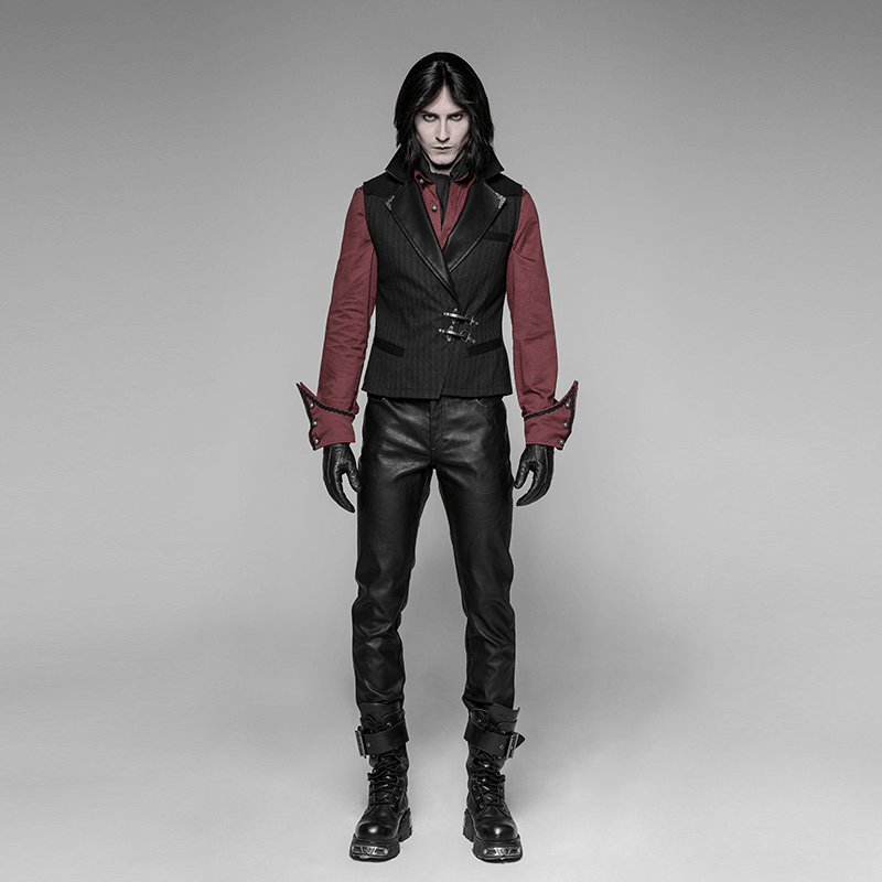 Stylish man in Gothic striped PU leather buckle waistcoat and black leather pants, exuding avant-garde charm.