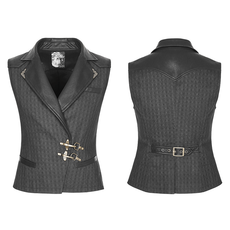 Gothic striped PU leather buckle waistcoat showcasing vintage elegance and steampunk charm.