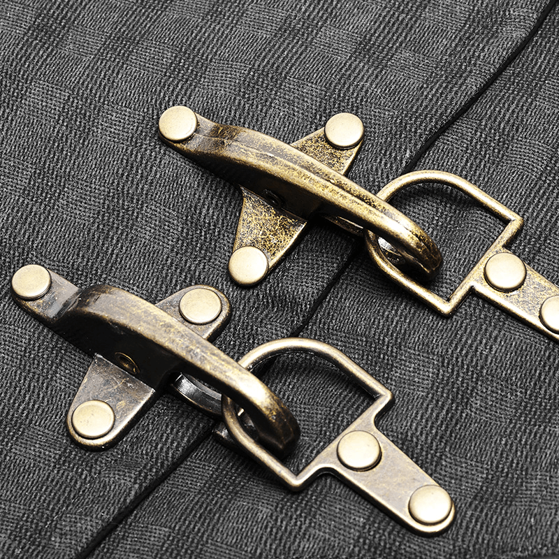 Close-up of antique bronze buckles on Gothic Striped PU Leather Buckle Waistcoat for a vintage touch.