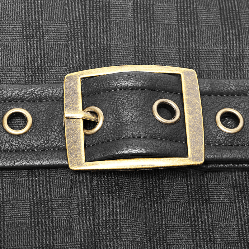 Close-up of a vintage-style gold buckle on a textured black leather strap, perfect for a gothic waistcoat.