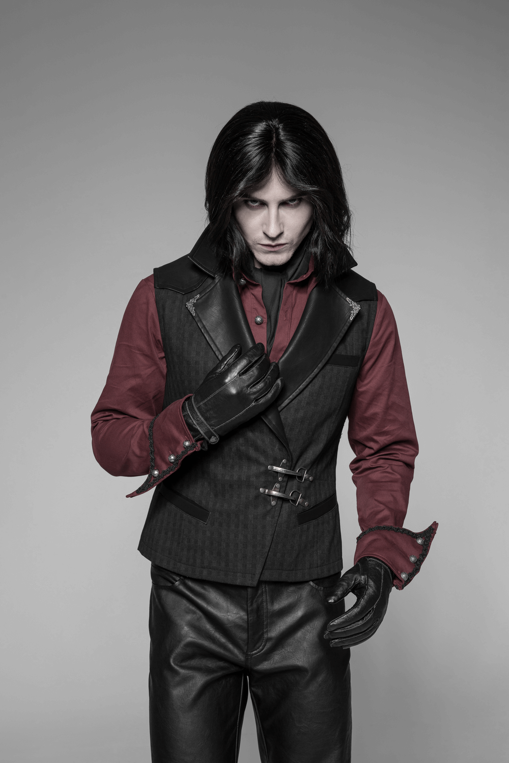 Gothic Striped PU Leather Buckle Waistcoat for Men, a stylish vintage steampunk fashion piece.