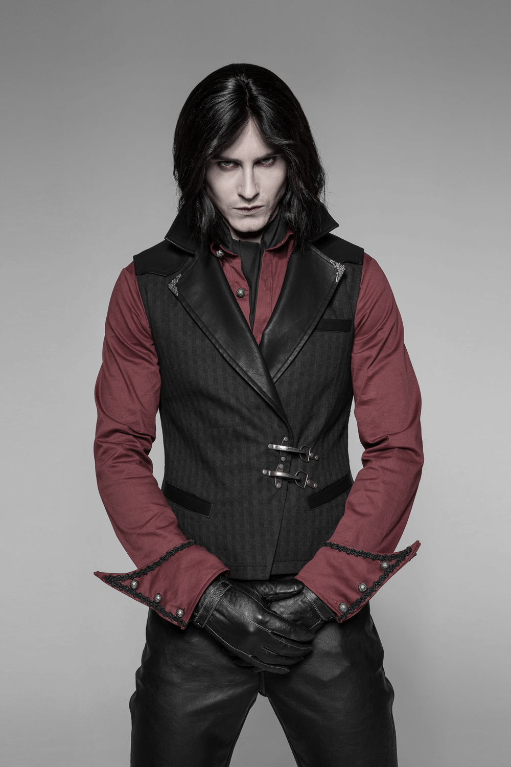 Gothic striped PU leather buckle waistcoat for men with stylish quiff and vintage flair.