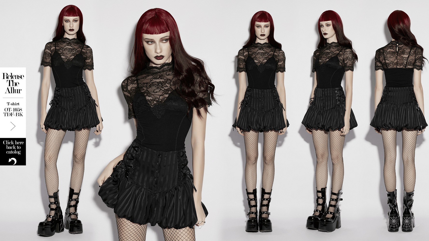Gothic Striped Pumpkin Shorts with Lace Up Sides on model, black bubble-hem bloomers with front buttons and lace-up sides