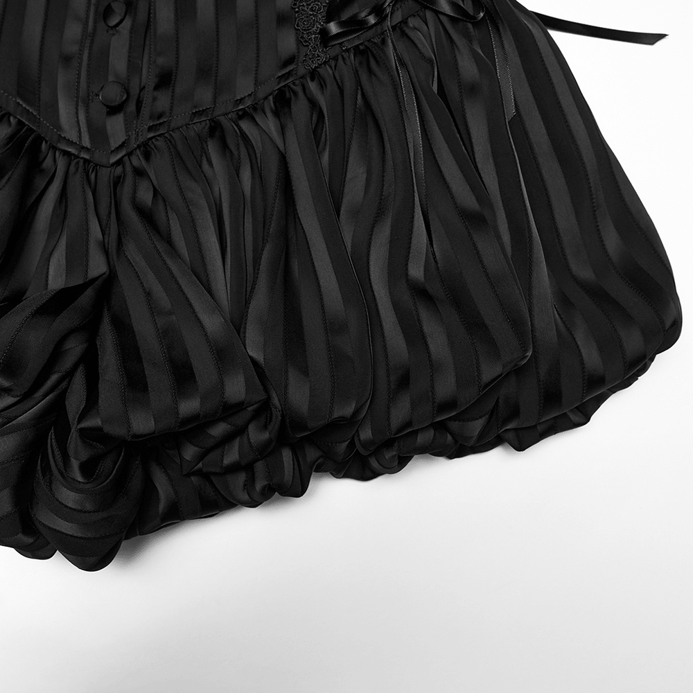 Alt Tag: Gothic Striped Pumpkin Shorts with Lace Up Sides black striped bubble-hem bloomers with front buttons, glossy woven fabric