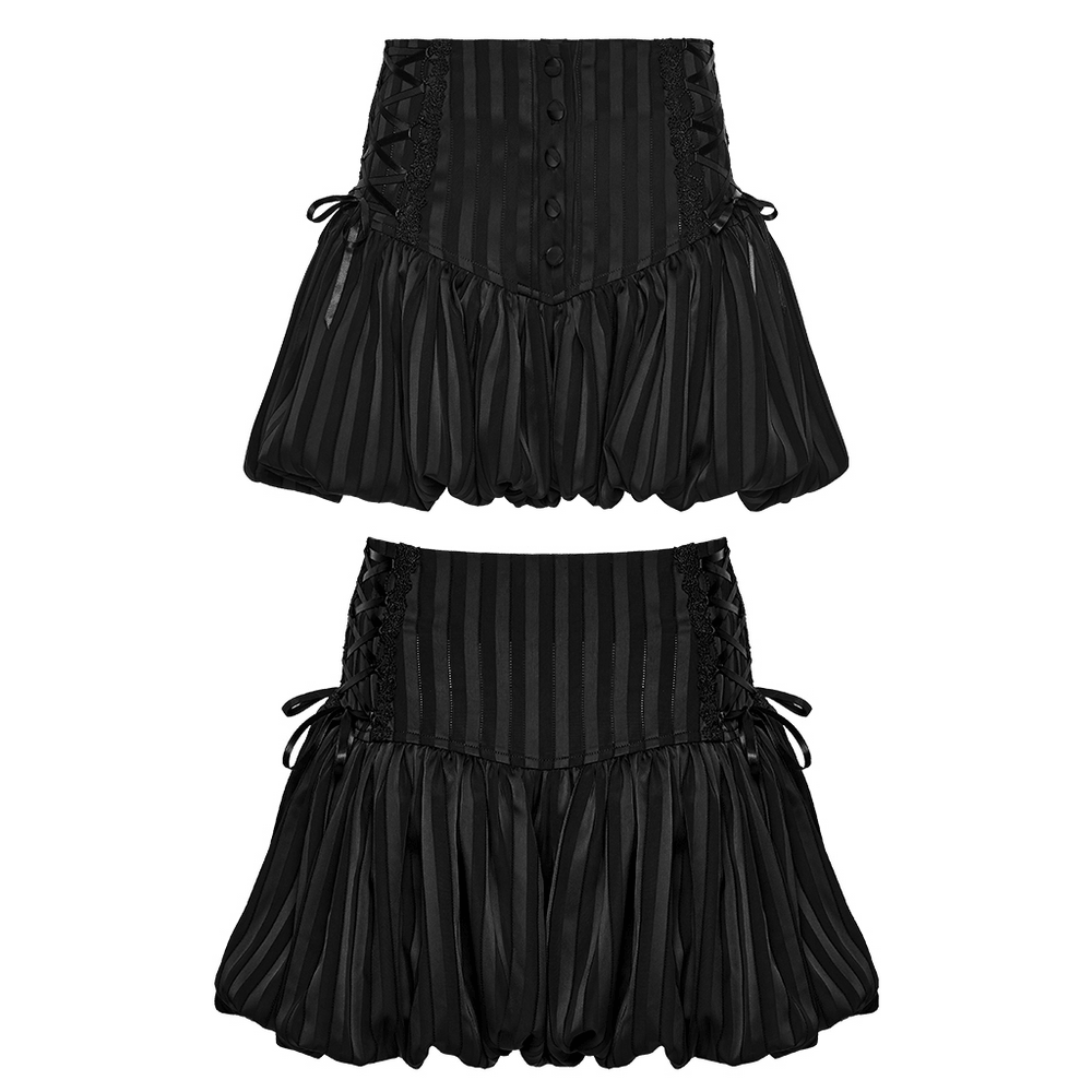 Alt Tag: Gothic Striped Pumpkin Shorts with Lace Up Sides black striped bubble-hem bloomers with side corset lacing and front buttons
