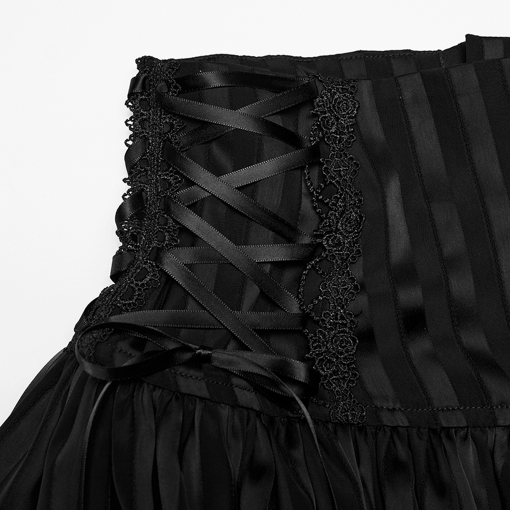 Gothic Striped Pumpkin Shorts with Lace Up Sides close-up of black lace-up side panel with ribbon ties and lace trim