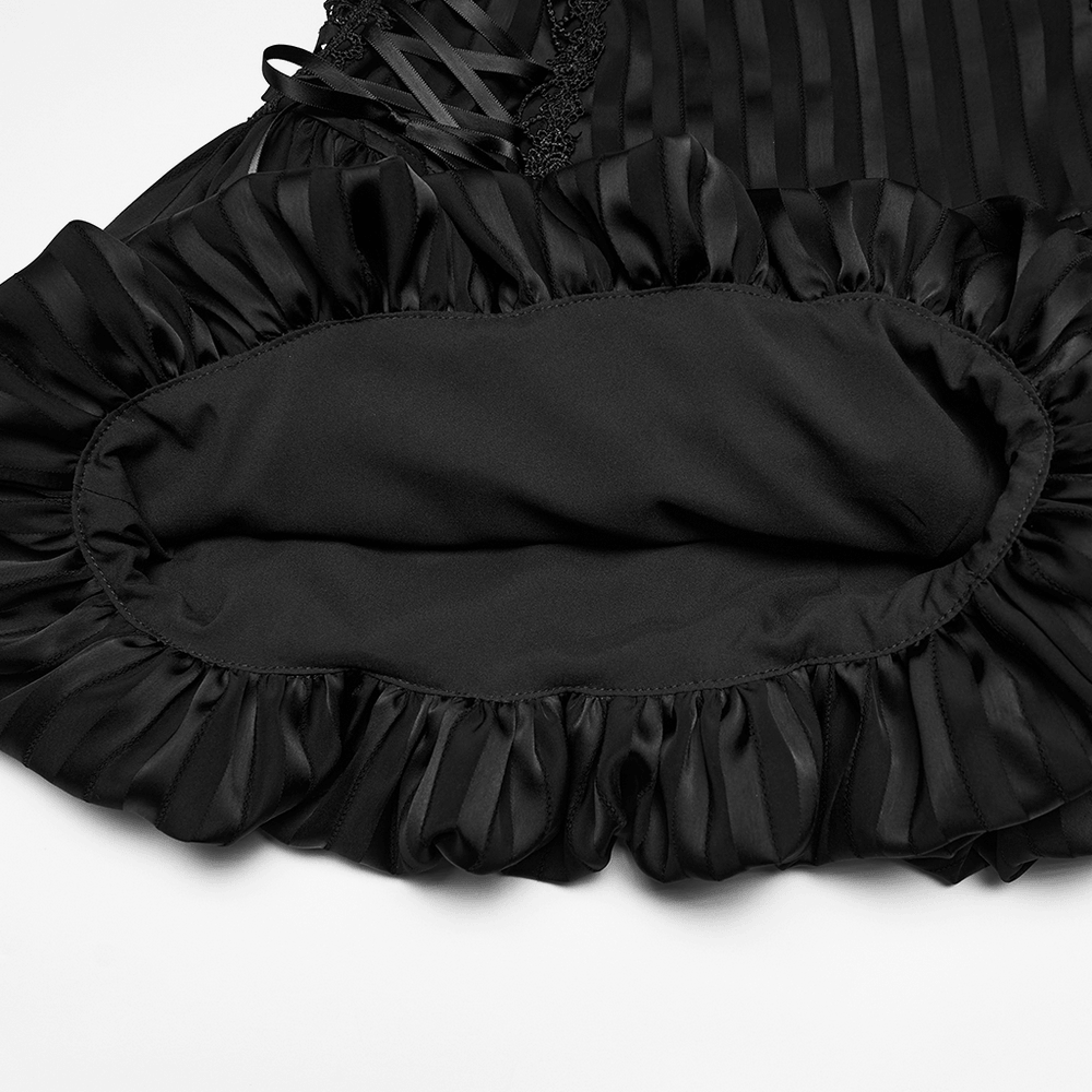 Alt Tag: Gothic Striped Pumpkin Shorts with Lace Up Sides black striped bubble-hem bloomers shorts, lace-up sides and ruffled hem detail