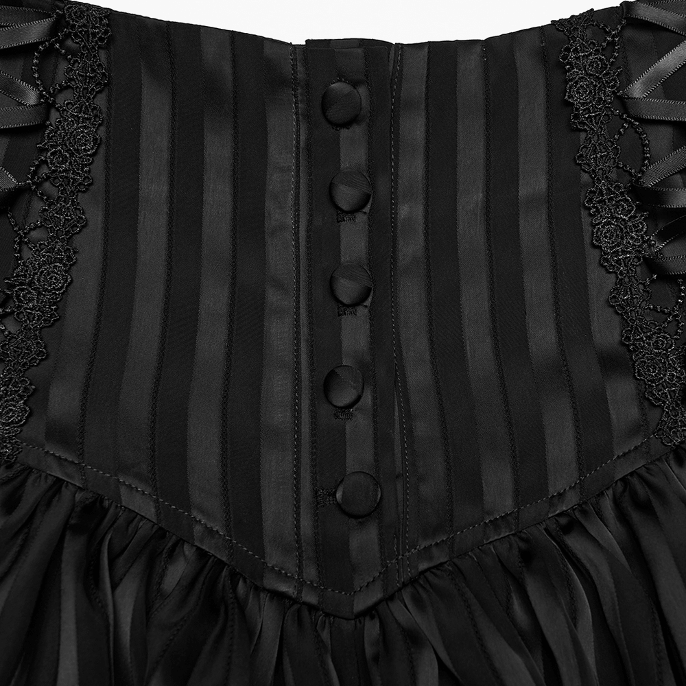Alt Tag: Gothic Striped Pumpkin Shorts with Lace Up Sides close-up, black striped satin bloomers with front buttons and lace trim