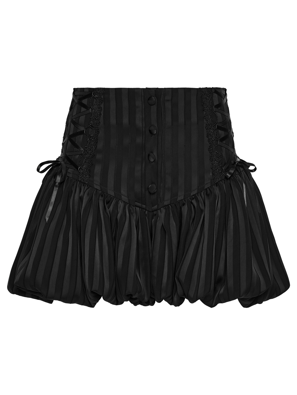 Alt Tag: Gothic Striped Pumpkin Shorts with Lace Up Sides black striped bubble hem bloomers, lace-up sides, front buttons, gothic party look