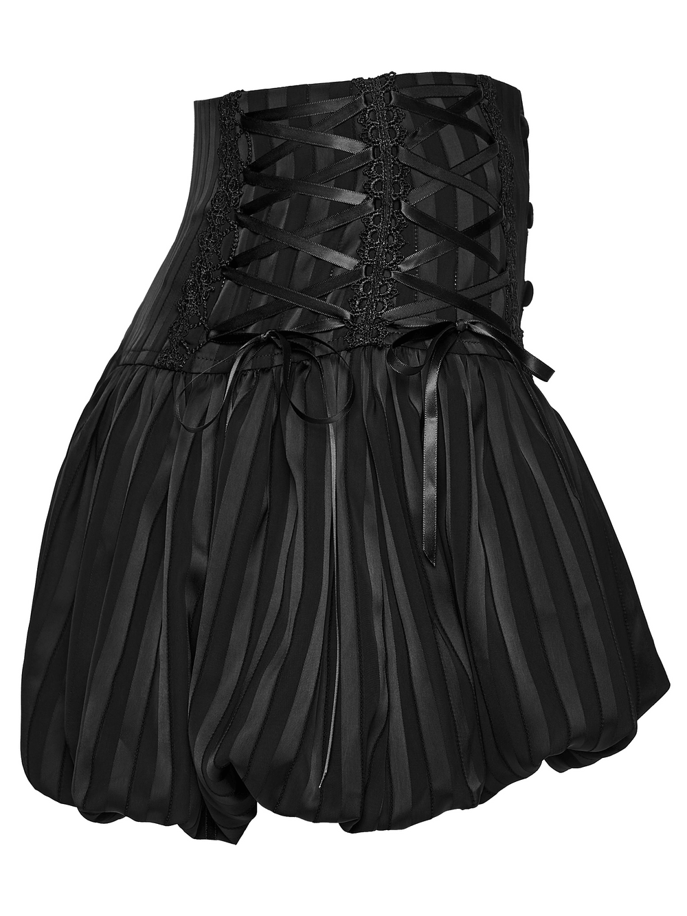 Alt Tag: Gothic Striped Pumpkin Shorts with Lace Up Sides black gothic bubble hem bloomers with side corset lacing and satin ribbon