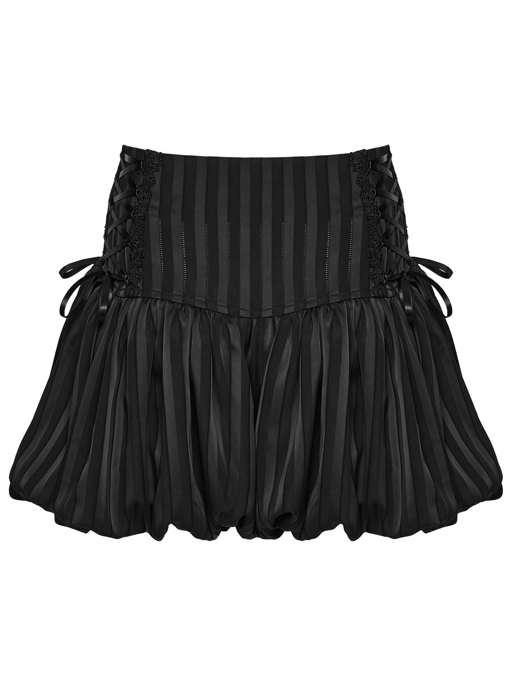 Alt Tag: Gothic Striped Pumpkin Shorts with Lace Up Sides black striped bubble-hem bloomers shorts with side laces and lace trim