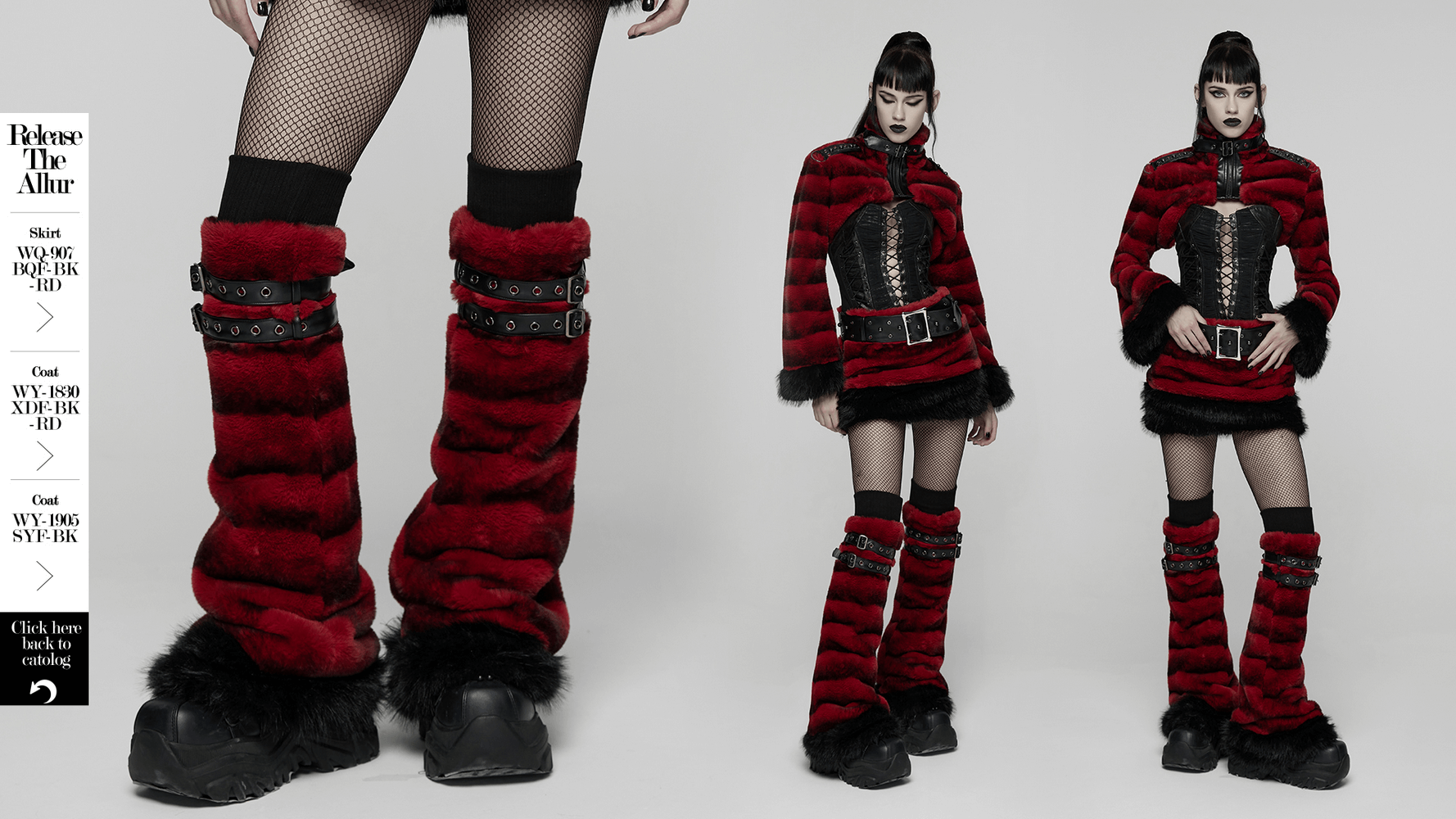 Gothic Striped Red Fur Leg Warmers with Buckle Straps showcased in a bold punk fashion style.