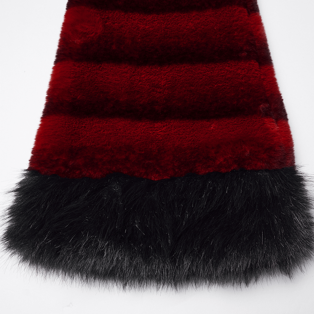 Gothic Striped Red Fur Leg Warmers with Buckle Straps featuring fluffy black trim and striking red stripes.