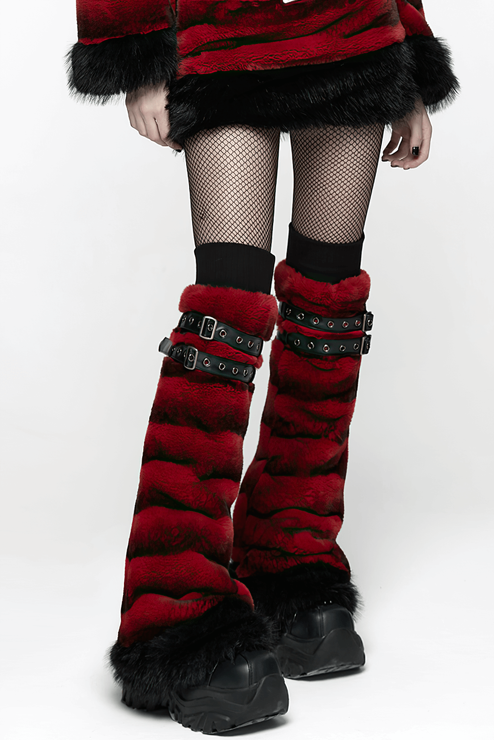 Gothic Striped Red Fur Leg Warmers with Buckle Straps paired with fishnet stockings and a stylish outfit