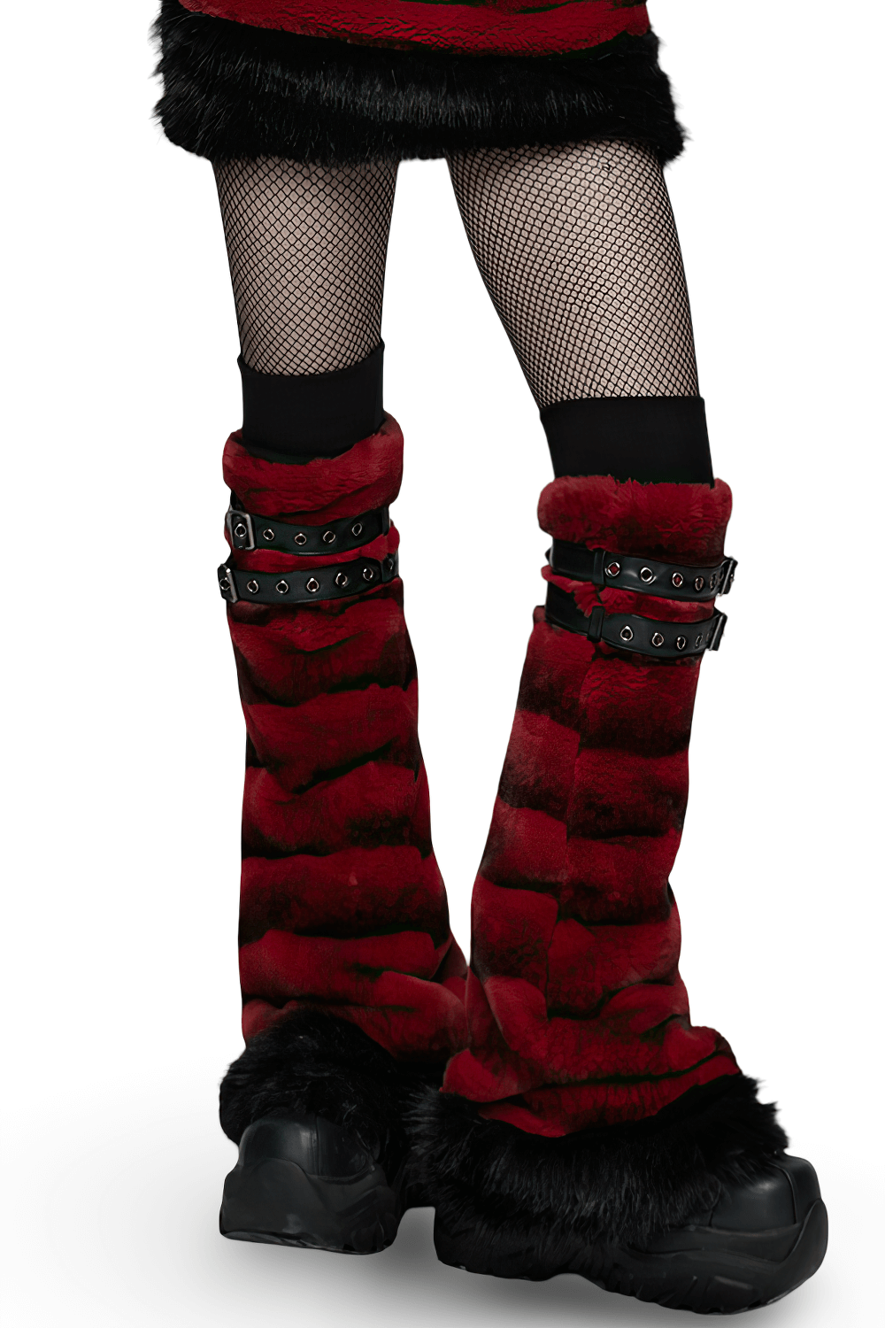 Gothic Striped Red Fur Leg Warmers with Buckle Straps showcasing a bold punk style and fluffy texture.
