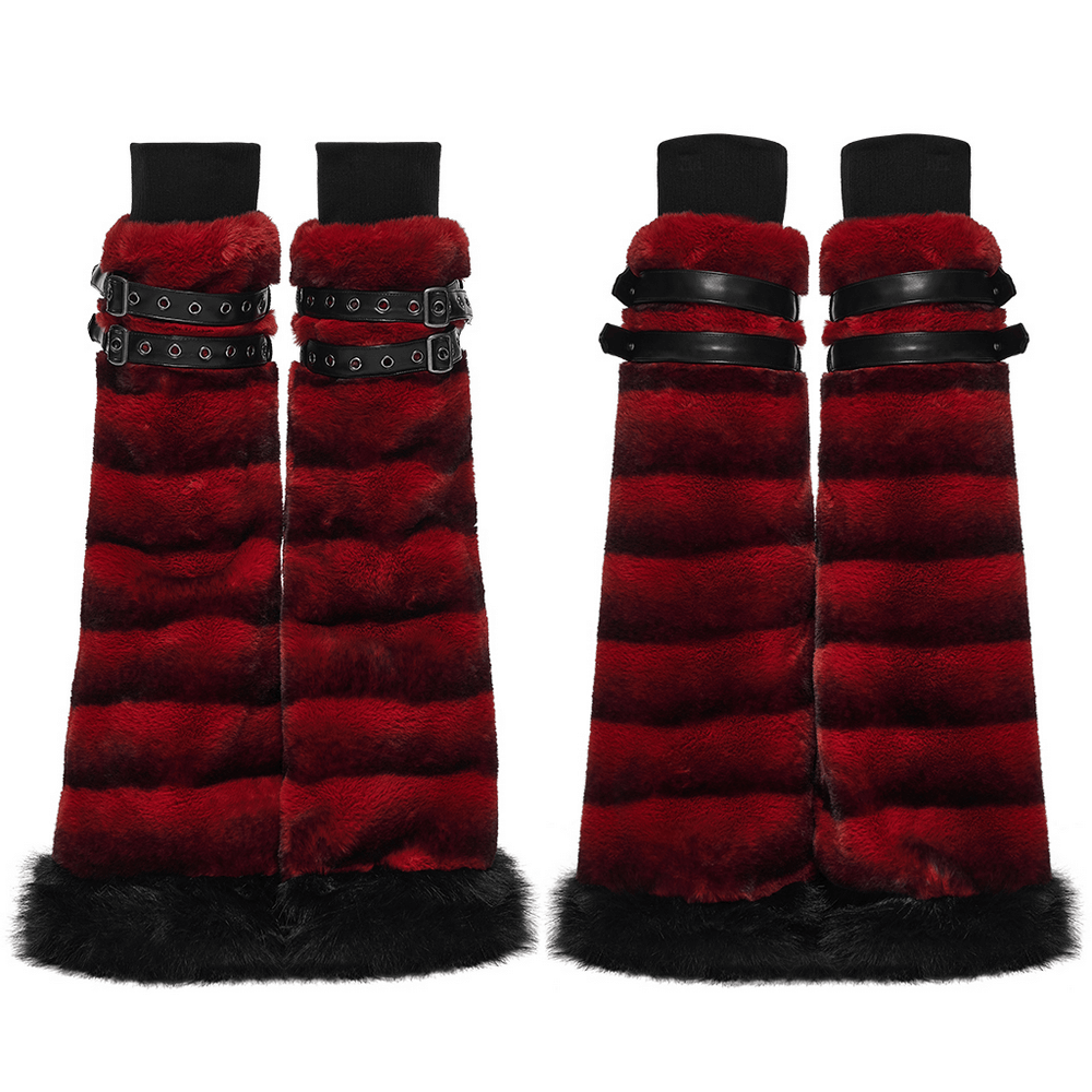 Gothic Striped Red Fur Leg Warmers with Buckle Straps showcasing bold red stripes and fluffy black trim for punk style.