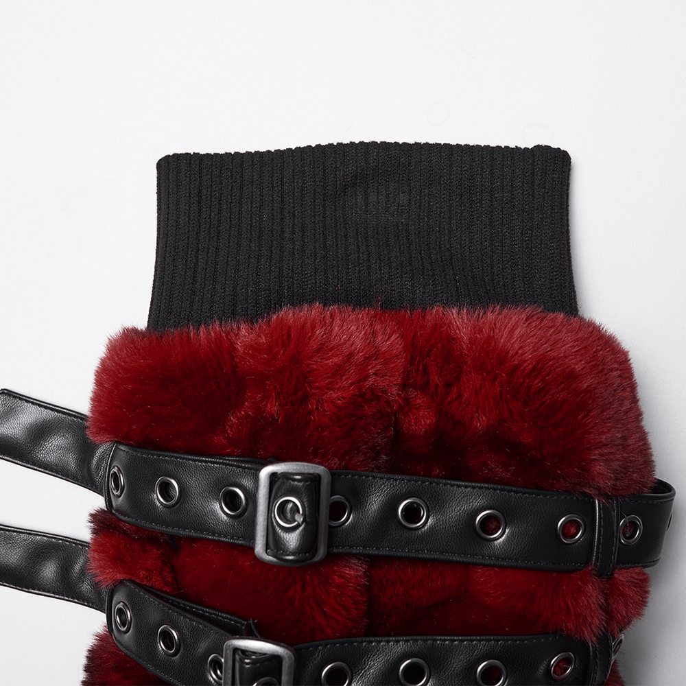 Gothic Striped Red Fur Leg Warmers with Buckle Straps showcasing plush red fur and double buckle details.