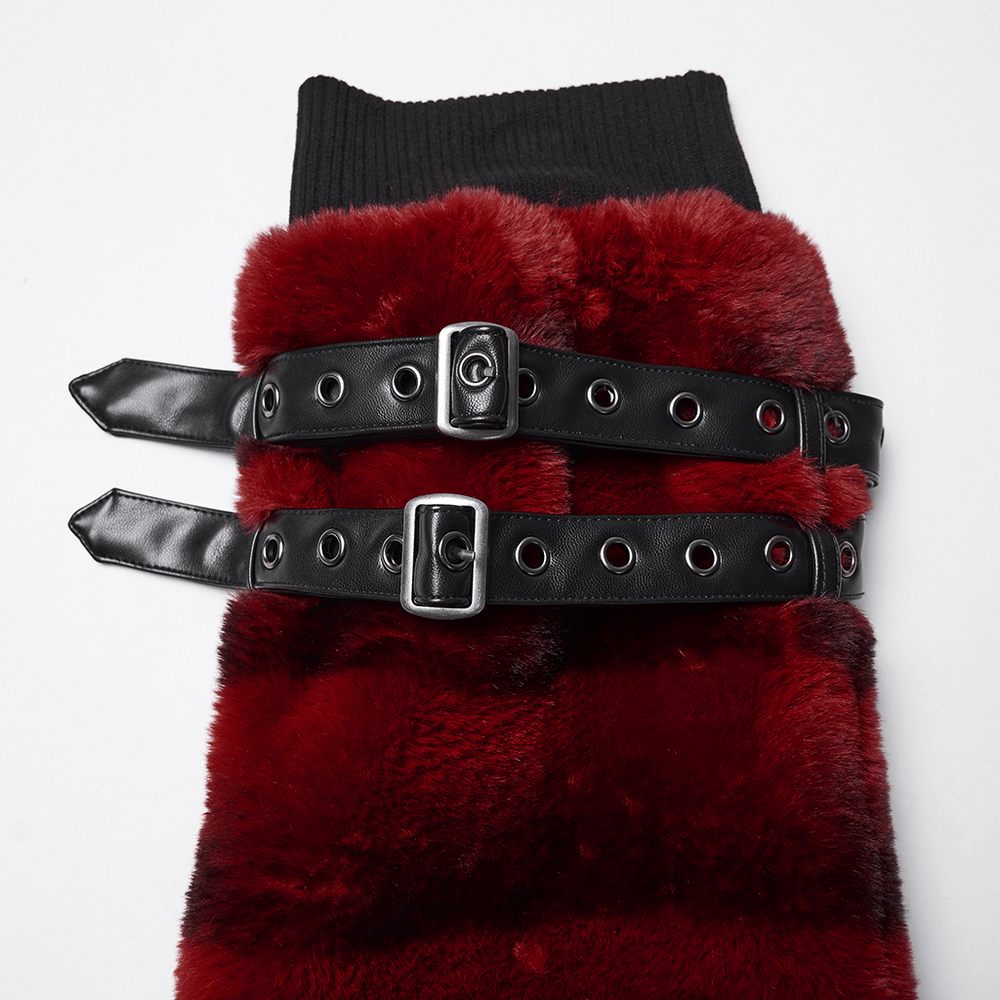 Gothic Striped Red Fur Leg Warmers with Buckle Straps featuring a plush red texture and double buckle straps.